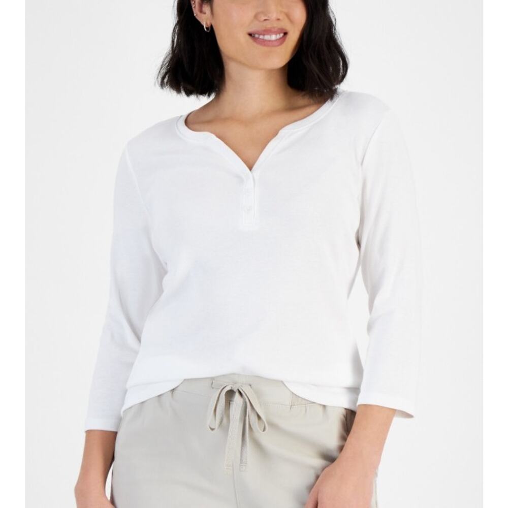 Style & Co. Women's Cotton Knit Henley 3/4-Sleeve Top Petite Size PM